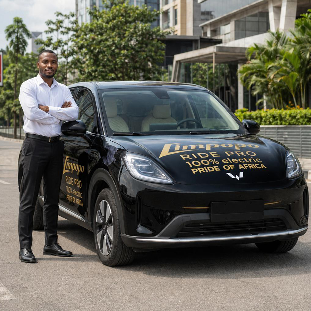 A Limpopo Ride driver-partner beside a branded Limpopo Ride Pro vehicle in Lagos