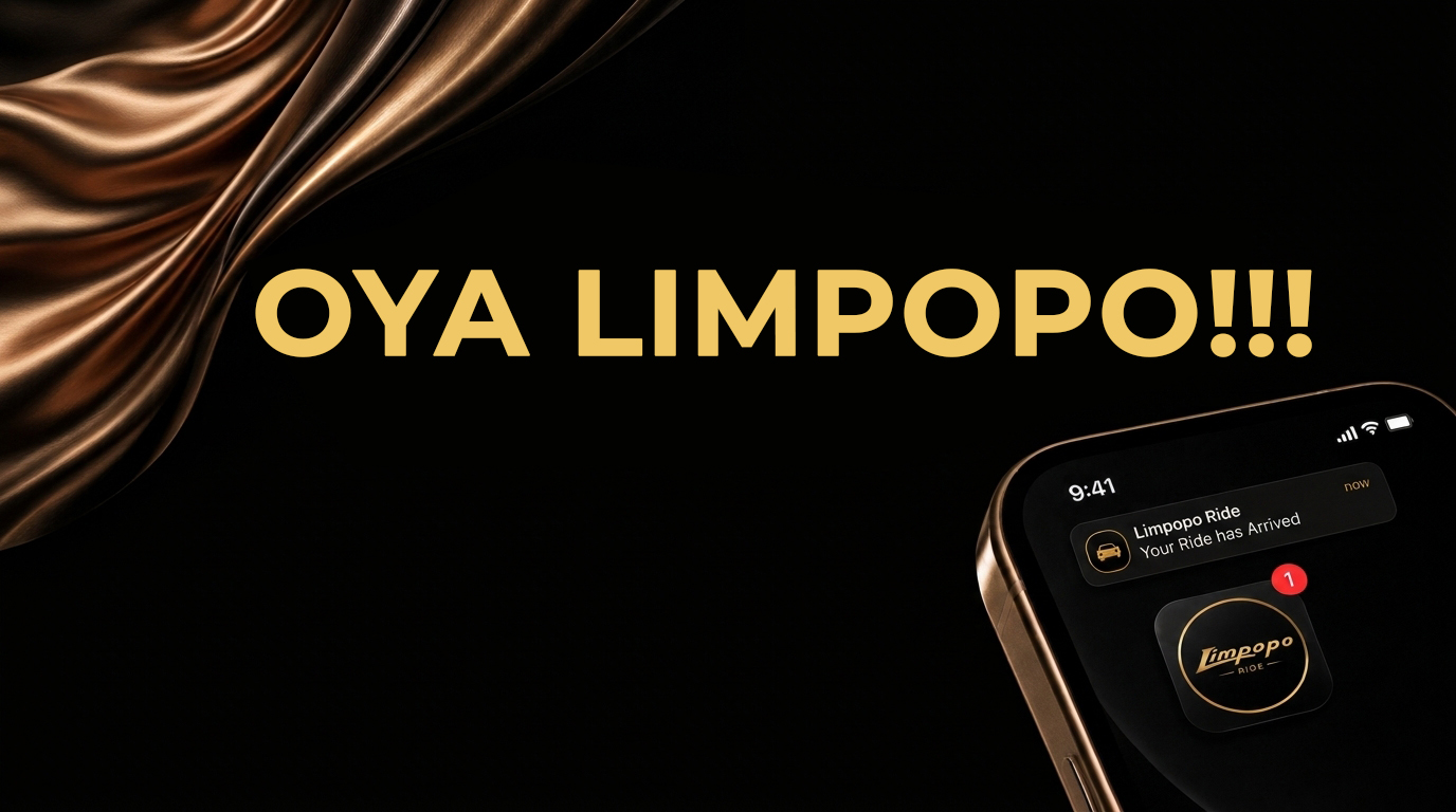 Oya Limpopo: a phone showing the Limpopo Ride notification: your ride has arrived